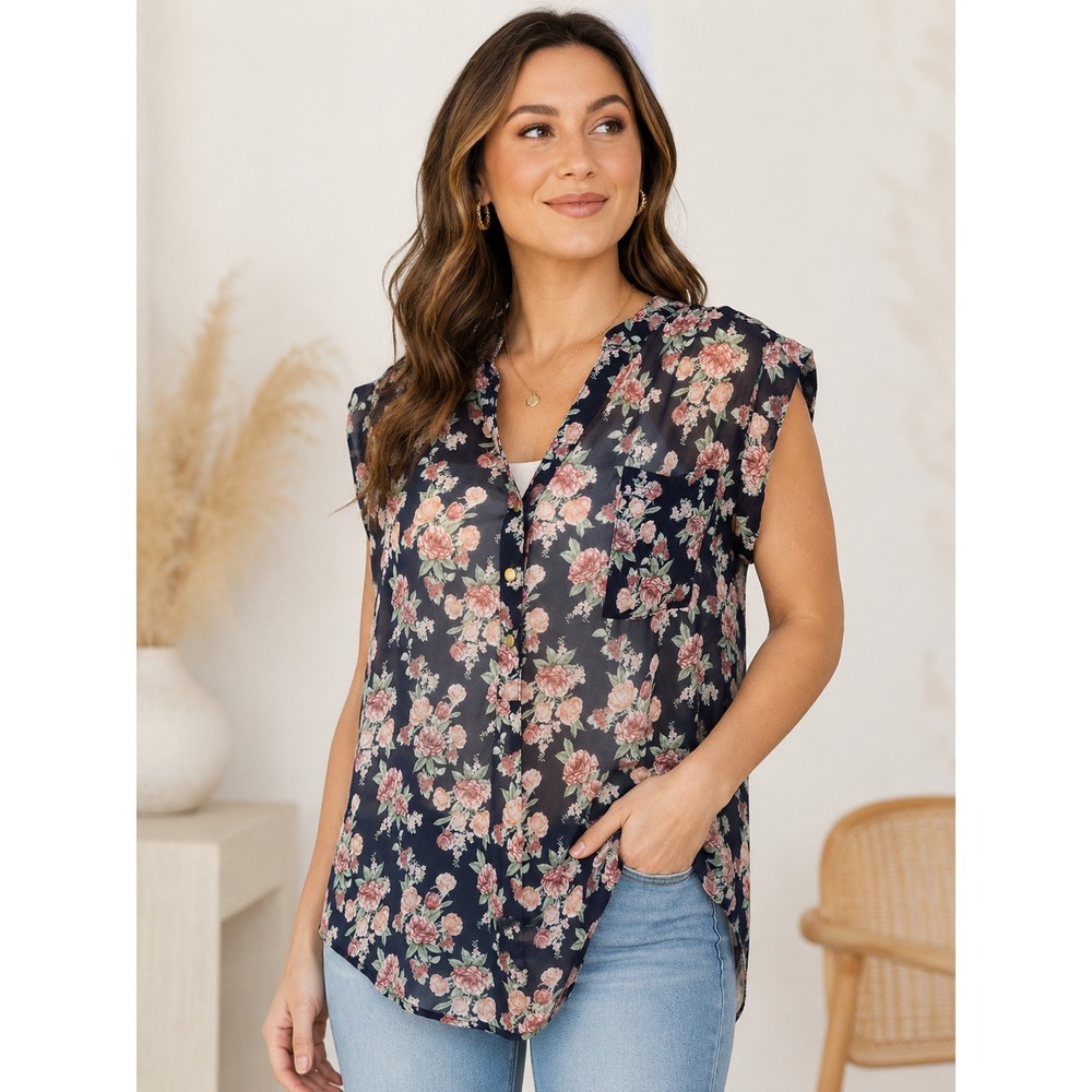 Women's Navy Pink Floral Sheer Chiffon Blouse L Button Front Cap Sleeve Pocket